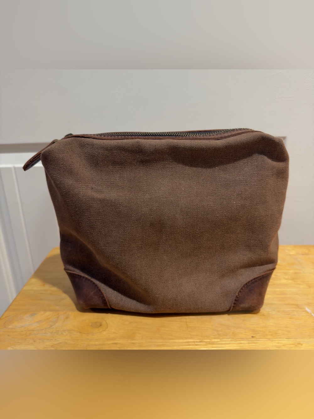 S-ZONE Brown Canvas Travel Pouch Men’s Cowhide Leather Toiletry Organizer